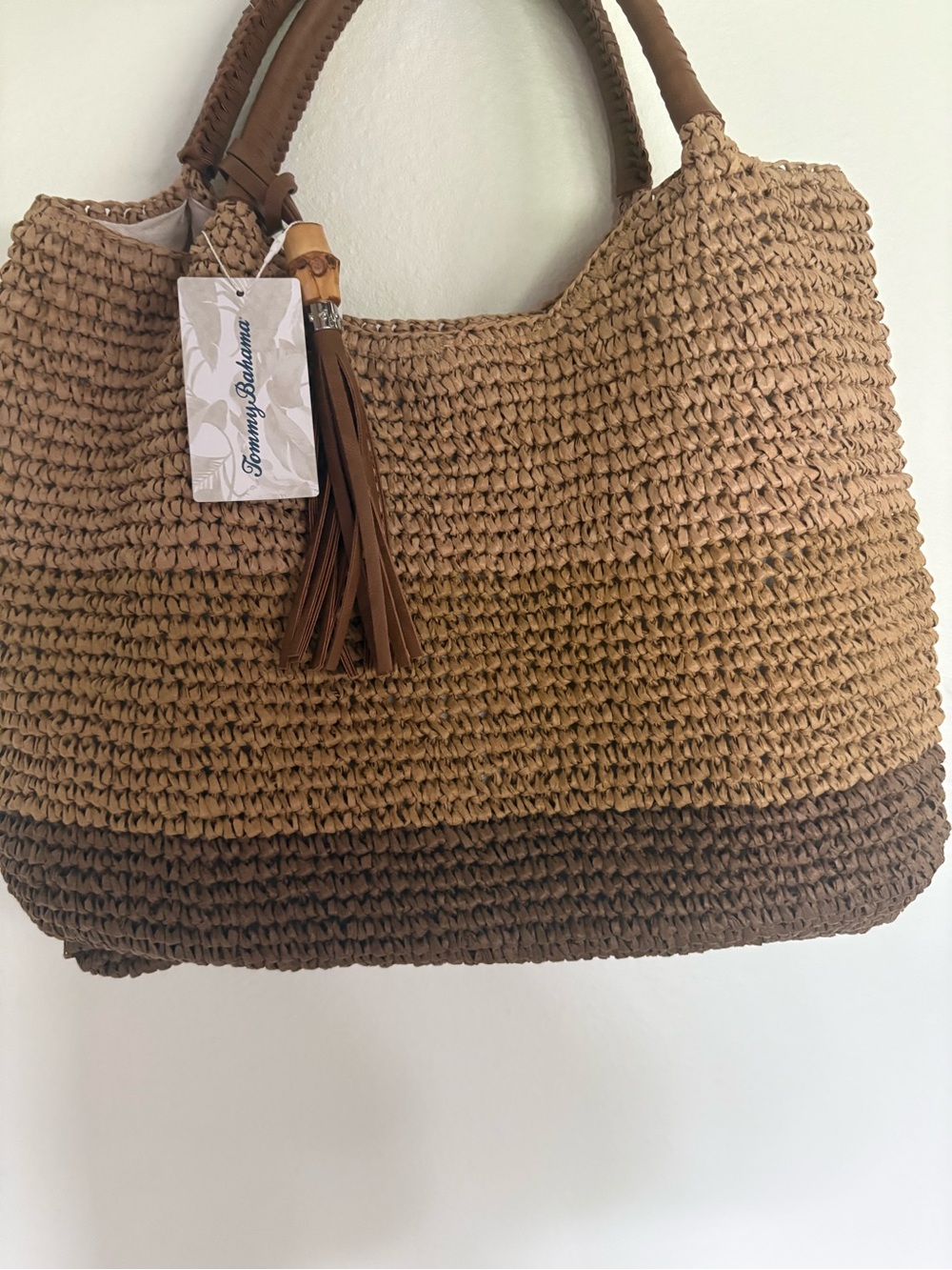 Tommy Bahama Two-Tone Woven Tote in Tan and Brown with Tassel